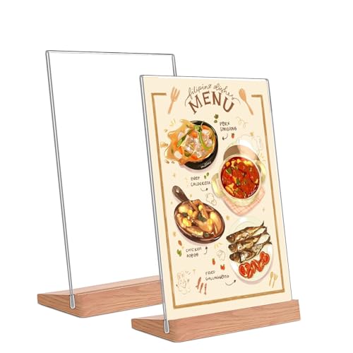 Kisstta 2 Stück Tischaufsteller A6, Transparenter Acryl Doppelseitige Menükartenhalter, Schräg L aufsteller mit Holzsockel für Restaurants, Hochzeitsparty, Hotel, Cafés (transparent) von Kisstta
