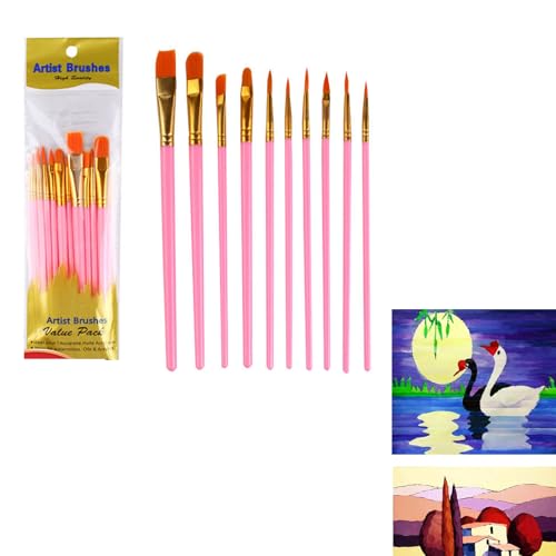 Pinsel Set, 10 Stück Hochwertige Pinsel mit Holzgriffen,pinselset Kinder Verschiedene Größen für Künstler, Erwachsene und Kinder Malliebhaber,Anfänger,Rosa von Kisstta