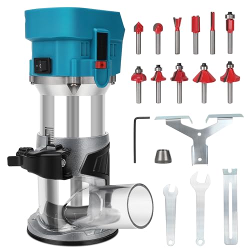 Akku Oberfräse für Makita 18V Batterie (Ohne Akku), 800W Bürstenloser Kantenfräse Einhandfräse Holztrimmer, mit 12 Stück Fräser Set, 6 Variable Geschwindigkeite von Kistrba
