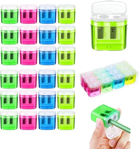 Kiswleon 24-Stück 4-Farben Anspitzer mit Behälter, Dosenspitzer für dicke und dünne Wtifte, Manueller Pencil Sharpener mit Deckel, Kinder Spitzer mit Dose für Schule, Heimbüro (24B) von Kiswleon
