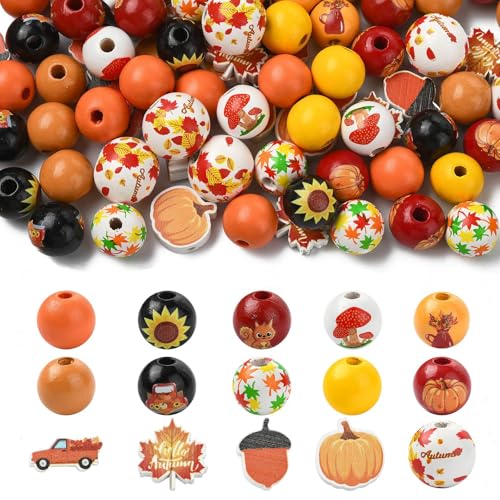 KitBeads 100 Stück 15 Stile Holzperlen Herbst Kürbis Ahornblatt Holz Runde Perlen für Armbänder Ohrringe Schmuckherstellung Handwerk von KitBeads