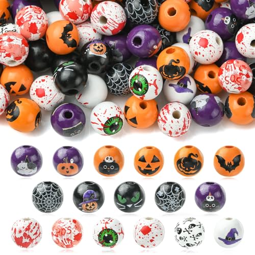 KitBeads 100 Stück Kürbis-schwarze Katzennetz-Spinnen-Holzperlen für Halloween, große Löcher, für Schmuckherstellung, Armbänder, Schlüsselanhänger, Basteln von KitBeads