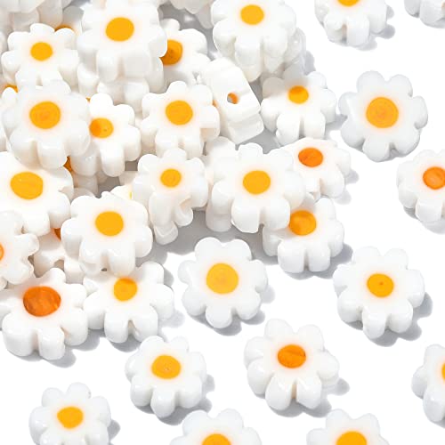KitBeads 100 Stück Lampwork Gänseblümchen-Perlen Mini-flache weiße Blumenperlen Glas Blumen Weiß Millefiori Gänseblümchen Perlen für Schmuckherstellung Armbänder Bulk von KitBeads