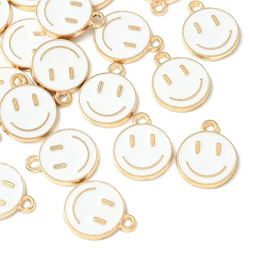 KitBeads 100 Stück weißes, lächelndes Gesicht, Emaille, flach, rund, Happy Face, Charms für Gesichtsausdruck, süßes lächelndes Gesicht, Charms für Schmuckherstellung von KitBeads