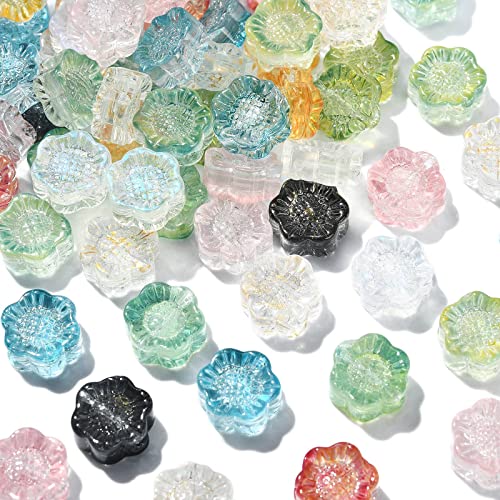 KitBeads 100 Stück zufällige Glasblumen-Perlen, flache Gänseblümchen, Sonnenblumen-Perlen, winzige Lampwork-Blumen, transparente Blumenperlen für Schmuckherstellung, Bulk von KitBeads