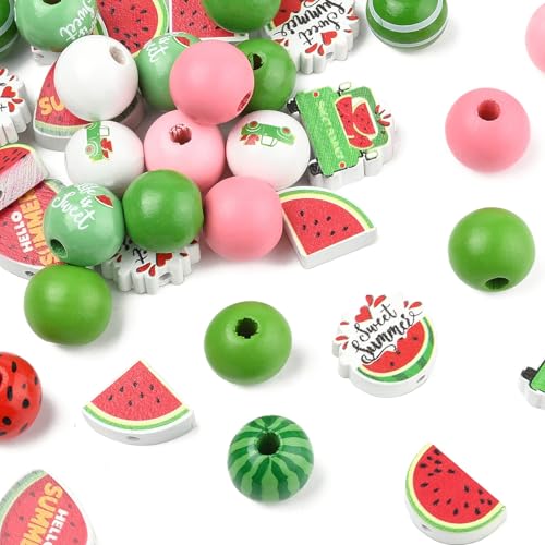 KitBeads 100 Stück zufällige Wassermelonen-Holzperlen, Sommerfrucht, natürliche runde Holzperlen für Schlüsselanhänger, Armbänder, Schmuckherstellung, Girlande, Baum, Heimdekoration von KitBeads