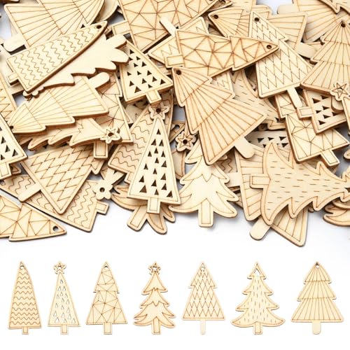 KitBeads 100 Stück zufällige Weihnachtsbaum-Holzausschnitte, unlackierte Baum-Holzornamente, ungefärbt, Weihnachtsbaum-Formen für Bastelarbeiten, Malerei, DIY-Dekoration von KitBeads