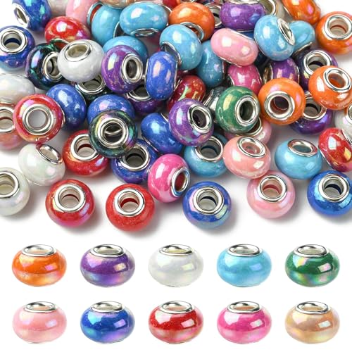 KitBeads 100 Stück zufällige europäische Perlen, 14 mm, großes Loch, Rondelle-Perlen, AB-Farbe, Kunstharz, Porzellan, runde Perlen für Stifte, Haare, Armbänder, Schmuckherstellung, Handwerk von KitBeads