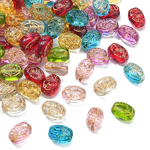 KitBeads 100 Stück zufällige ovale Glasperlen transparent bunt oval geschnitzt Blume Perlen Kristall flach Hobo Vintage Perlen für Schmuckherstellung Bulk von KitBeads