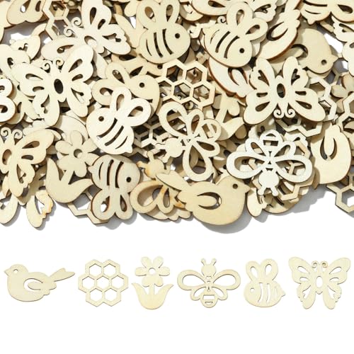 KitBeads 100 Stück zufällige unlackierte Holzausschnitte, Frühlingsblumen, Bienen, Schmetterlinge, Holzstücke zum Basteln, Malen, Basteln, Großdekoration, 100 Stück von KitBeads