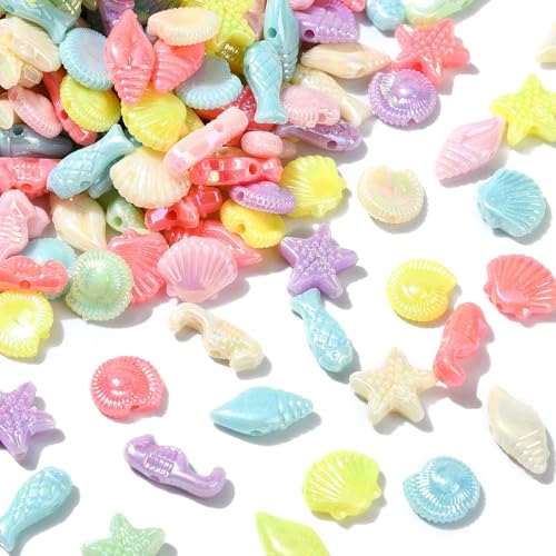KitBeads 1000 Stück zufällige Acryl-Meerestier-Perlen, Meeresperlen, Seestern, Seepferdchen, Muschelperlen für Schmuckherstellung, Armbänder, Halsketten, Großpackung von KitBeads