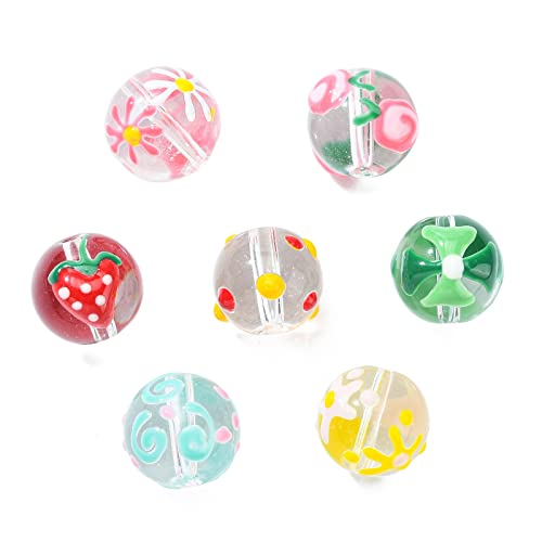 KitBeads 14 stücke 7 Stile Glas Runde Kugel Perlen Handgemachte Emaille Obst Blume Sommer Perlen Bunte Transparent Runde Perlen für Schmuckherstellung Bulk von KitBeads