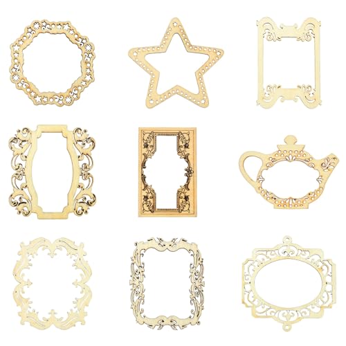 KitBeads 18 Stück 9 Stile unlackierte Holz-Bilderrahmen Vintage Mini Stern Rechteck Holz Hohlausschnitte für Handwerk Malerei Party Heimdekoration von KitBeads