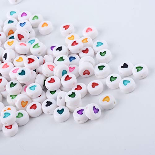 KitBeads 200 Stück zufällige Acryl-Herz-Perlen, flache runde Buchstaben-Perlen, buntes Liebes-Herz-Muster, Scheibe, lose Perlen für Schmuckherstellung, Armbänder, Bulk von KitBeads