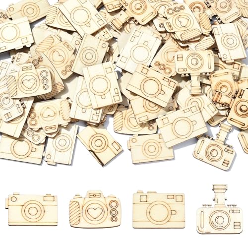 KitBeads 200 Stück zufällige Kamera-Holzausschnitte, unlackierte Holzmalerei, Basteln, blanko, Herz, Digitalkamera, Laserausschnitte für Heimwerker, Kunst, Bastelprojekte von KitBeads