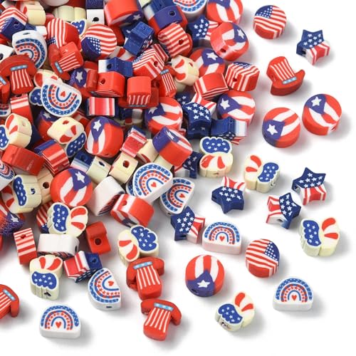 KitBeads 200 Stück zufällige Unabhängigkeitstags-Perlen aus Ton für 4. Juli, Flagge, rot, weiß, blau, Polymer, patriotische Perlen für Armbänder, Halsketten, Schmuckherstellung von KitBeads