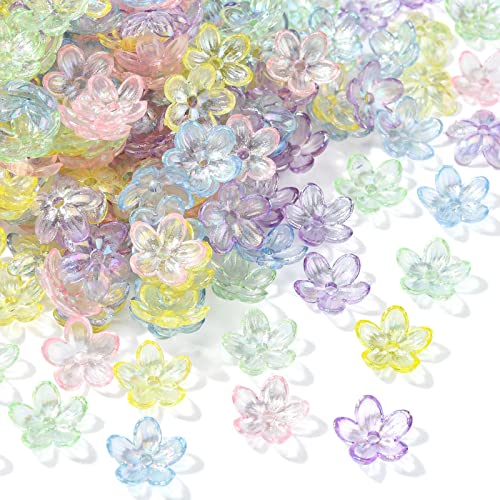 KitBeads 300 Stück zufällige Acryl-Blumen-Perlenkappen, transparent, bunt, kleine florale Perlen, 5-Petal, Trompete, Blumen-Perlen-Endkappen für Schmuckherstellung, Großpackung von KitBeads