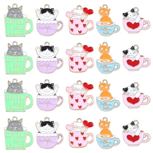 KitBeads 30pcs 5 Styles Emaille Katze Charms bunte Tasse mit Kätzchen Charm niedliche Haustier Tier Charms für Armbänder Schmuck machen Bulk von KitBeads