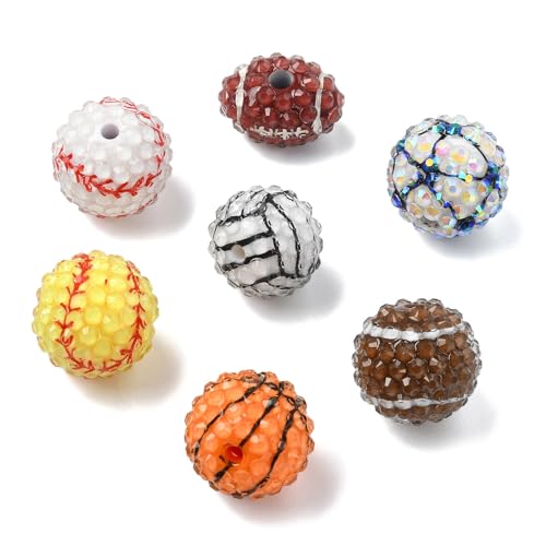 KitBeads 35 Stück Basketball-, Rugby-, Volleyball-Perlen, 7 Stile, Strass, klobige Kugeln, Acryl, Sportperlen für Schmuckherstellung, Armbänder, Schlüsselanhänger, Basteln von KitBeads