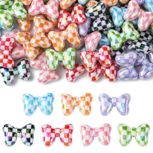 KitBeads 40 Stück zufällige karierte Schleifenperlen, blickdicht, AB-Farbe, Schleifenperlen, Acryl-Schleifenperlen für Schmuckherstellung, Armbänder, Halsketten, Basteln von KitBeads