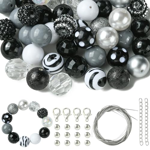KitBeads 50 Stück 20 mm schwarze und weiße klobige Perlen, gestreift, Acryl, rund, Kaugummi-Perlen für Stifte, Bastelarbeiten, Großpackung von KitBeads