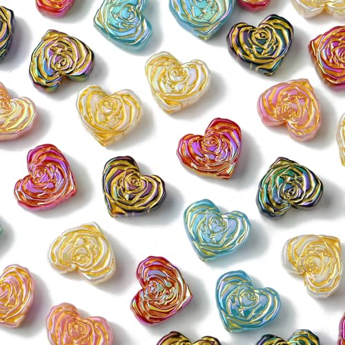 KitBeads 50 Stück zufällige Acryl-Herzperlen, blickdicht, Liebesherzform, romantische bunte Rosen-Blumenperlen für Armbänder, Schmuckherstellung, Bulk von KitBeads