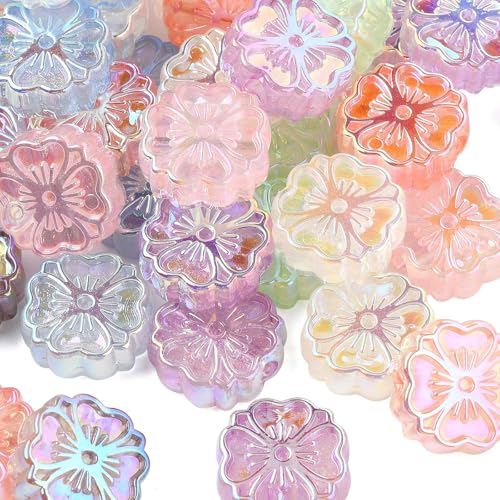KitBeads 50 Stück zufällige Acryl-Kirschblumen-Perlen mit vier Blütenblättern, großes Loch, Frühlingsblumenförmige Perlen für Schmuckherstellung, Halsketten, Basteln, Großpackung von KitBeads
