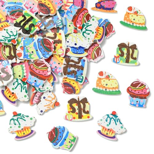 KitBeads 50 Stück zufällige Geburtstagskuchenförmige Knöpfe für Dessert- und Lebensmittelthema, 2-Loch-Holzknöpfe zum Basteln, Nähen, Handarbeit, Scrapbooking, Basteln von KitBeads