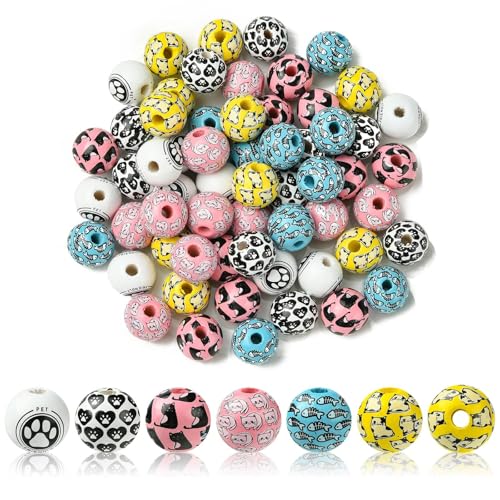 KitBeads 60 Stück 6 Stile Katzenholzperlen Tierpfote, Fisch, niedliches Kätzchen, bunte runde Holzperlen für Schmuckherstellung, Armbänder, Halsketten, Basteln von KitBeads