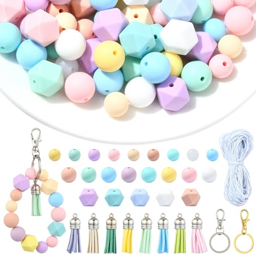 KitBeads Macaron-Silikonperlen für Schlüsselanhängerherstellung, 15 mm, sechseckig, rund, mit Quasten-Anhänger, für Stifte, Bastelarbeiten, 145 Stück von KitBeads