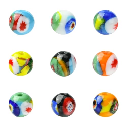 KitBeads Millefiori Lampwork-Perlen, zufällige 8 ~ 9 mm, handgefertigt, Blume, runde Glasperlen für Schmuckherstellung, Halsketten, Armbänder, Handwerk, Großpackung, 9 Stück von KitBeads