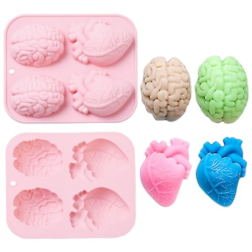 KitBeads Silikonformen in Herz- und Gehirnform, handgefertigt, Terror, Halloween, Rosa, 3D, anatomische Organformen für Süßigkeiten, Schokolade, Seife, 2 Stück von KitBeads