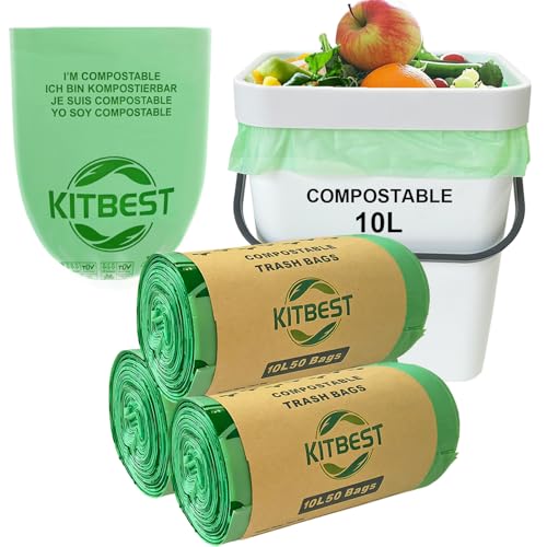KITBEST 150 Biomüllbeutel Kompostierbare Müllbeutel 10L, Bio Müllbeutel Biologisch Abbaubare mit EN13432 Zertifizierung, Heimkompost Küchenbehälter Müllbeutel Lebensmittelabfallbeutel, Grün von Kitbest