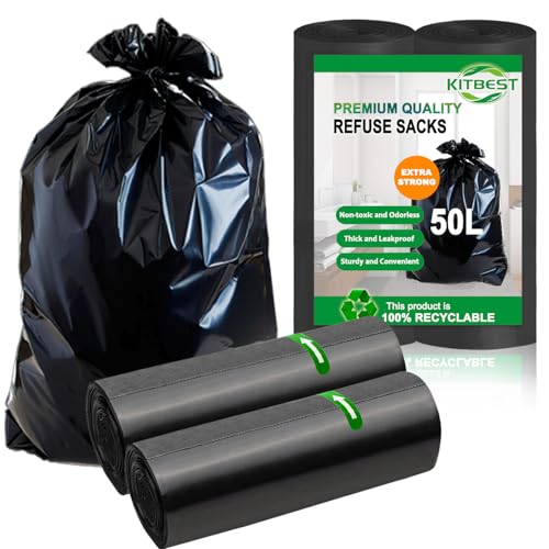 KITBEST 50L Recycling Müllbeutel Müllsäcke (40 Beutel), Starke Mülltüten Abfallbeutel Mülleimerbeutel, Passend für 30-50L Haus- und Gartenabfalleimer, Schwarze, reißfest und wasserdicht (60×80cm) von Kitbest