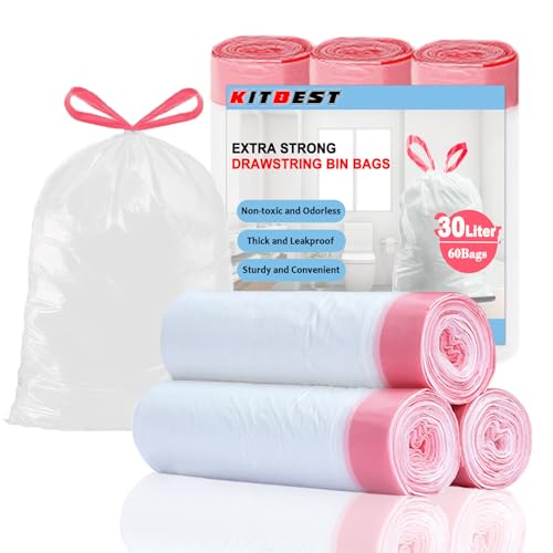 KITBEST 30L Müllbeutel Müllsäcke mit Zugband (60 Beutel), Starke Mülltüten Abfallbeutel Mülleimerbeutel für den Hausmüll, reißfest und wasserdicht (60cm × 65cm, Weiß) von Kitbest