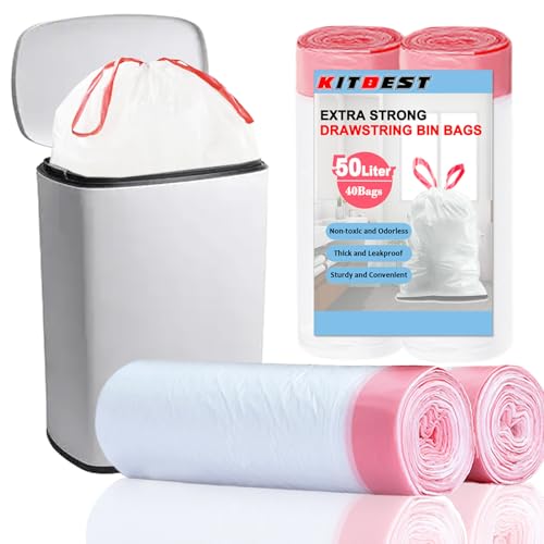 KITBEST 50L Müllbeutel Mülltüten mit Zugband (40 Beutel), Starke Müllsäcke Abfallbeutel Mülleimerbeutel, Passend für 40-60 Liter Haus- und Gartenabfalleimer, reißfest und wasserdicht (60×77cm) von Kitbest