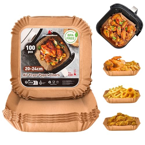 KitchenBoss 100 Stück Airfryer Backpapier für Heißluftfritteuse: 20-24cm Air Fryer Backpapier Antihaft Wasserdicht Ölfest Einwegschalen Luftfritteuse Pergamentpapier Liner für COSORI,Ofen, Mikrowelle von KitchenBoss