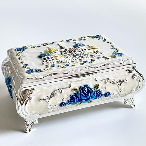 KiteStar Rechteckige Vintage-Schmucktruhe, buntes Schloss-Relief, Metall-Schmuckschatulle, für Armbänder, Halsketten, Ohrringe, Ringe, Aufbewahrungsbox für Damen (Blau, mittel) von KiteStar