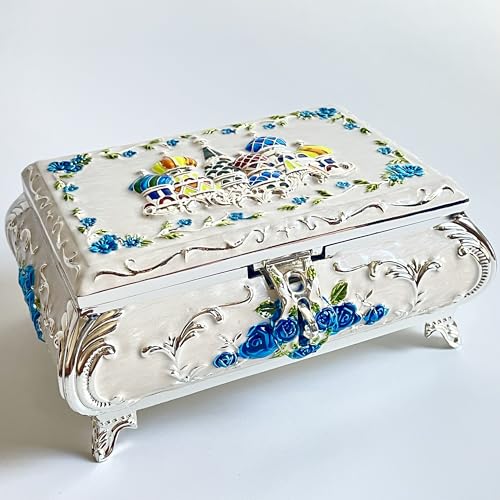 KiteStar Rechteckige Vintage-Schmucktruhe, buntes Schloss-Relief, Metall-Schmuckschatulle, für Armbänder, Halsketten, Ohrringe, Ringe, Aufbewahrungsbox für Damen (blau, groß) von KiteStar