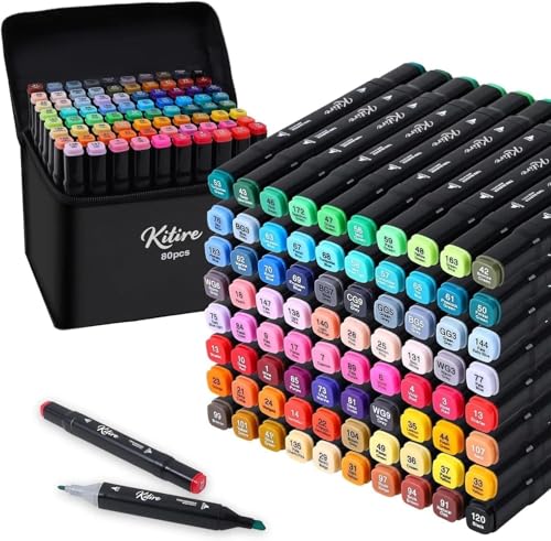 Kitire Alkoholmarker, 80 Farben, Doppelspitzen-Marker-Set, Permanentmarker, Malstifte zum Zeichnen, Skizzieren, Anime- und Manga-Malbücher von Kitire