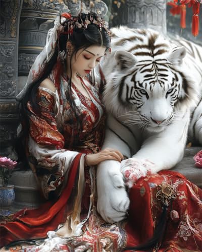 5D Diamond Painting Anime-Frau Und Weißer Tiger Diamant-Kunst-Sets Mit Zubehör Und Werkzeug,Vollbohrer,Edelstein-Kunsthandwerk,Geschenk Und Heimdekoration 50x70cm von Kitquiver