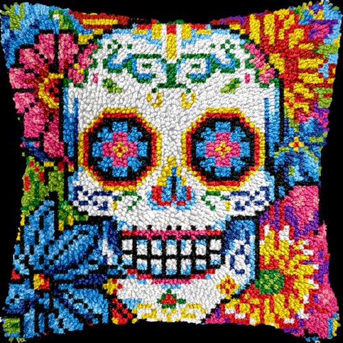 Diy Knüpfkissen Mit Vordruck Farbiger Totenkopf Diy Knüpfhaken Kits Kissenbezug Sticken, Stricken, Geschenk Für Erwachsene/Anfänger 17x17in Diy Knüpfkissen Mit Vordruck Farbiger Totenkopf Diy Knüpfhaken Kits Kissenbezug Sticken, Stricken, Geschenk Für Erwachsene/Anfänger 17x17in von Kitquiver