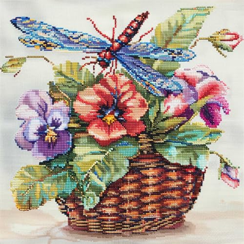 Diy Knüpfkissen Set Bunter Blumenkorb Und Libelle Häkel-Handarbeiten Mit Knüpfwerkzeug Für Erwachsene,Diy-Kissen-Sets Für Heimdekoration 17x17In von Kitquiver
