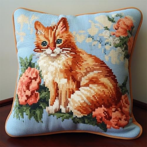 Diy Knüpfstern Katzentiere Und Blumen Knüpfkissen-Sets,Grobes Kreuzstich-Set,Diy-Stickerei-Nadelspitzen-Kit Für Heimdekoration 17x17In von Kitquiver