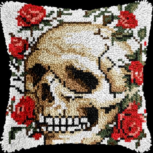 Diy Knüpfstern Knüpfset Für Kissenbezüge Mit Totenkopf Und Blumen, Knüpfset Für Teppiche Zum Selbermachen, Stickset Mit Kreuzstich 17x17in von Kitquiver