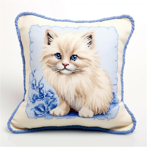 Kissen Knüpfen Set Erwachsene Cartoon Weiße Katze Tier Diy-Knüpfhäkel-Sets,Kissenbezug,Stickerei,Stricken,Geschenk Für Erwachsene/Anfänger 17x17In von Kitquiver