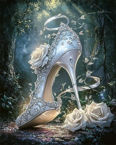 Kitquiver DIY 5D Diamond Painting Bilder Fantasieschuhe Und Rosen Diamant-Kunst-Set,Rund,Mit Vollbohrer,Kristall-Zeichnung,Diamanten-Stickerei Für Die Wanddekoration Zu Hause 40x50cm von Kitquiver