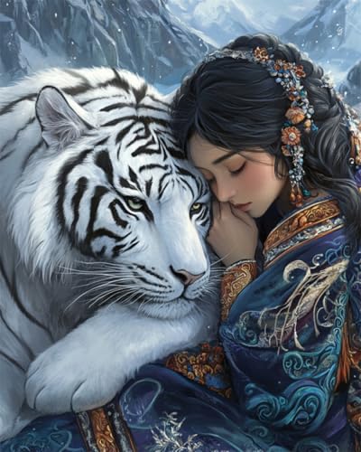 Kitquiver DIY 5D Diamond Painting Set Anime-Frau Und Weißer Tiger 5D-Diamantmalerei,Rund,Mit Vollbohrer,Diy-Geschenke,Erstellen Sie Ihre Eigenen Diamantgemälde Für Die Inneneinrichtung 50x70cm von Kitquiver