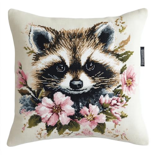 Kitquiver Diy Knüpfen Set Cartoon Waschbär Und Blumen Knüpfhäkel-Set Für Erwachsene Und Anfänger,Stickerei-Häkelset,Diy-Kissenbezug-Sets 17x17In von Kitquiver