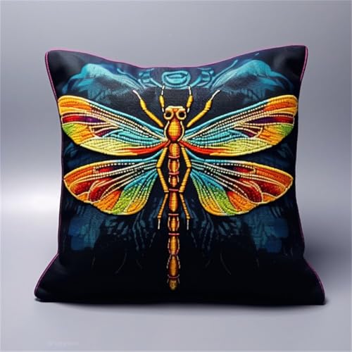 Kitquiver Diy Knüpfen Set Fantasie Bunte Libelle Diy-Kissenbezug Mit Gobelin-Stickerei,Kissen-Set Für Die Heimdekoration,Stickset Für Anfänger 17x17In von Kitquiver
